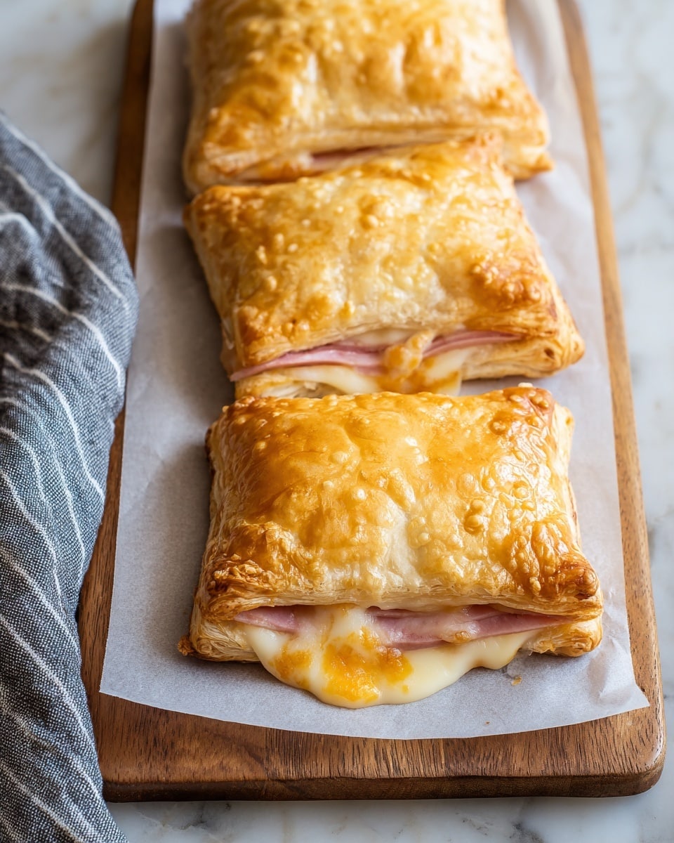 The image shows three golden brown, square-shaped puff pastries arranged in a row on a wooden board with white parchment paper underneath. The front pastry is cut open, revealing three visible layers inside: the bottom layer is a flaky, light golden puff pastry crust, the middle layer contains thin slices of pink ham, and the top layer is melted cheese with a mix of orange and white colors, oozing slightly out from the pastry. The surface has a slightly shiny, crispy texture with small air pockets. A gray and white striped cloth is placed to the left side of the board, and the overall scene sits on a white marbled surface. Photo taken with an iphone --ar 4:5 --v 7