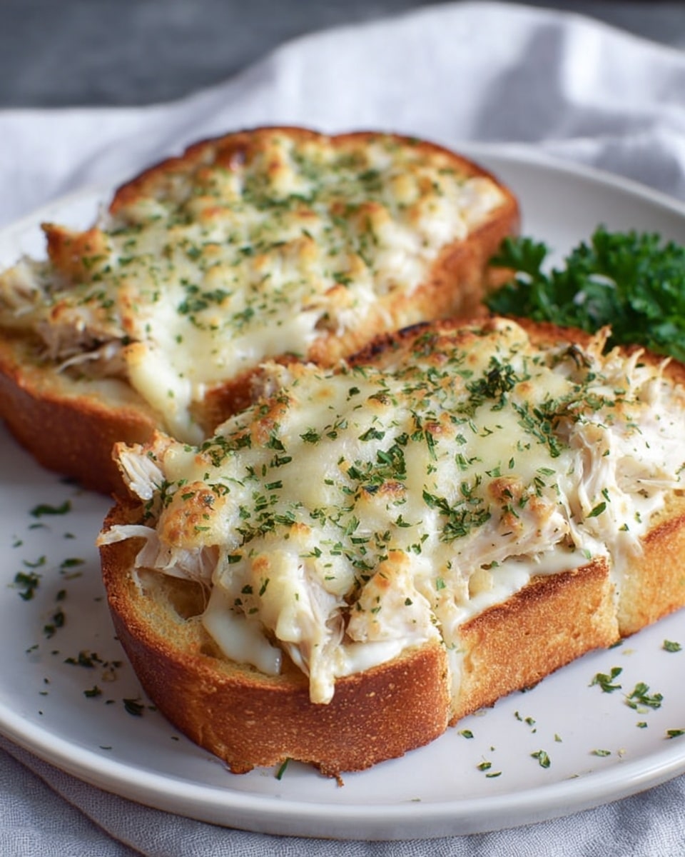 Two thick slices of toasted golden-brown bread topped with a layer of white shredded chicken, covered by a thick layer of melted white cheese with some brown toasted spots, sprinkled with green herbs evenly over the top. The toasts are placed on a white plate with some green garnish to the side, all set on a white marbled texture with a soft cloth partially visible. photo taken with an iphone --ar 4:5 --v 7