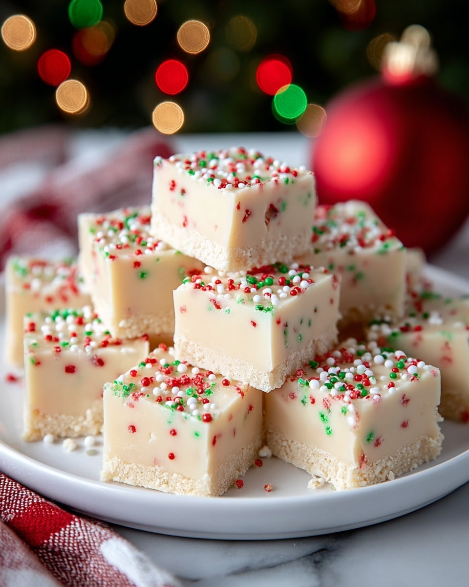 A white plate holds about ten square pieces of creamy white fudge, each with a thin light tan crumbly base layer and a thicker smooth top layer speckled with small red, green, and white round sprinkles mixed inside and more sprinkled on top of each piece. The fudge squares have clean sharp edges and a soft, glossy texture. In the blurred background, there are festive red and green lights and a red ornament adding a holiday feel, with a white marbled texture under the plate and a red and white checkered cloth partially visible behind. Photo taken with an iphone --ar 4:5 --v 7