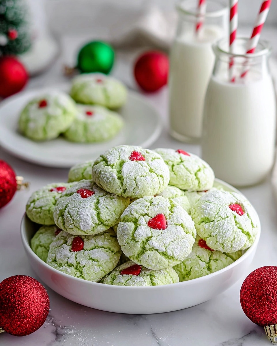 A white shallow bowl is filled with many light green cookies that have a cracked texture dusted with white powdered sugar. Each cookie has a small red heart candy at the center of the top. Behind this bowl is a smaller white plate holding three more cookies. The setting includes white bottles of milk with red-striped straws and Christmas ornaments in red and green on a white marbled surface. Photo taken with an iphone --ar 4:5 --v 7