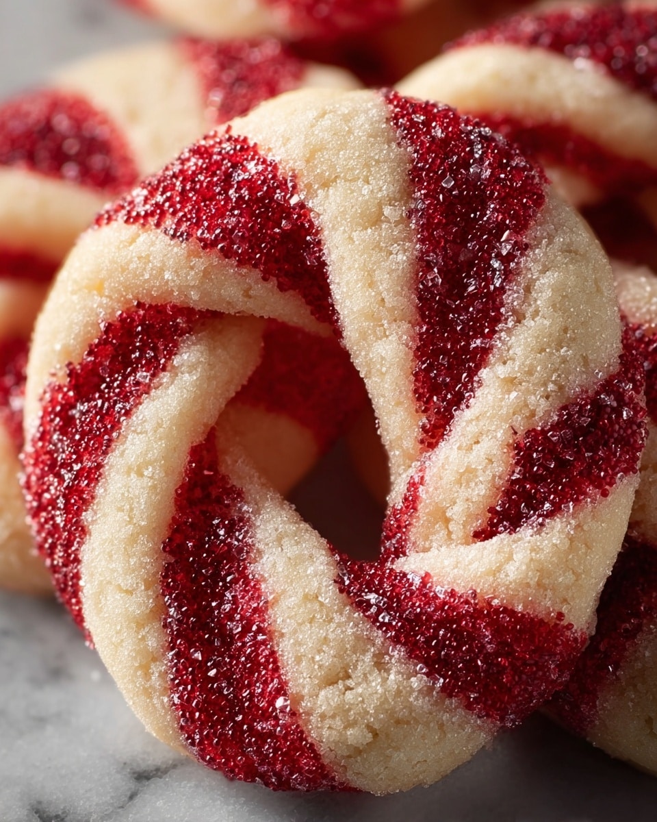 A close-up view of a twisted round cookie with alternating thick stripes of red and light cream colors, each stripe sprinkled with sparkling sugar crystals giving a textured, slightly grainy look. The cookie has a soft, crumbly texture and the red stripes appear slightly translucent and glossy, resembling a candy-like finish. The surface beneath is a white marbled texture that softly reflects light. Photo taken with an iphone --ar 4:5 --v 7