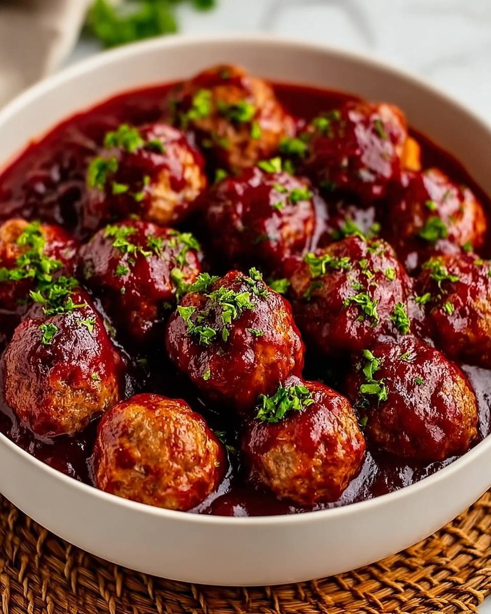 A white bowl filled with about fifteen round meatballs, each coated in a thick, shiny red sauce that looks rich and glossy, with some sauce pooling at the bottom. The meatballs are light brown, slightly textured, and evenly cooked. Bright green chopped herbs are sprinkled on top, adding a fresh contrast to the deep red sauce. The bowl sits on a brown woven mat, all against a white marbled background, creating a warm and inviting setting. photo taken with an iphone --ar 4:5 --v 7