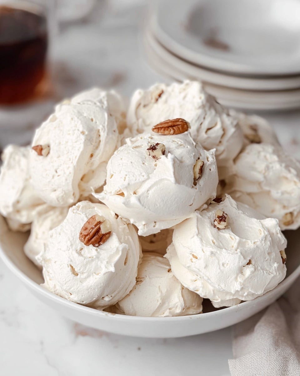 The image shows a white bowl full of about a dozen rough, irregularly shaped white meringue cookies with a soft, airy texture. Each meringue has a slightly creamy color with a few small brown pecan nut pieces embedded inside and around the cookies, some of which are partly visible on the surface. The cookies are piled up unevenly but tightly inside the bowl. The background is a white marbled surface with a blurred glass of dark liquid and some white dishes in the distance. photo taken with an iphone --ar 4:5 --v 7