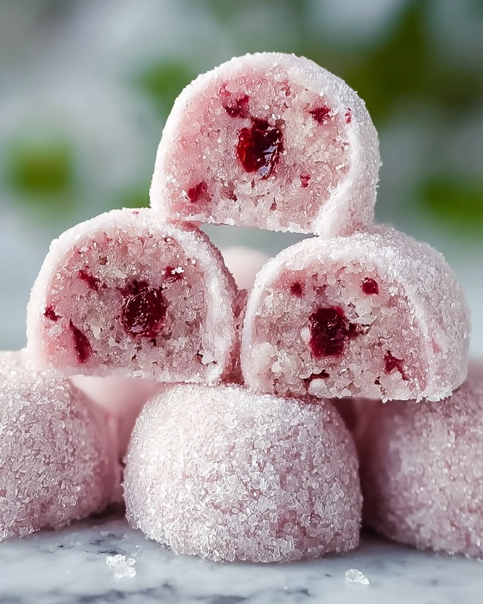 The image shows several pastel pink, round sweets with a rough, sugary texture on the outside. Each sweet has been cut in half to reveal two main layers: a crystalline outer layer that is white and grainy, and a soft inner layer that is light pink with small darker red pieces embedded inside. The sweets are stacked closely together, showing their thick outer coating and softer, crumbly inner texture. The background is a soft-focus white marbled texture with hints of greenery. photo taken with an iphone --ar 4:5 --v 7