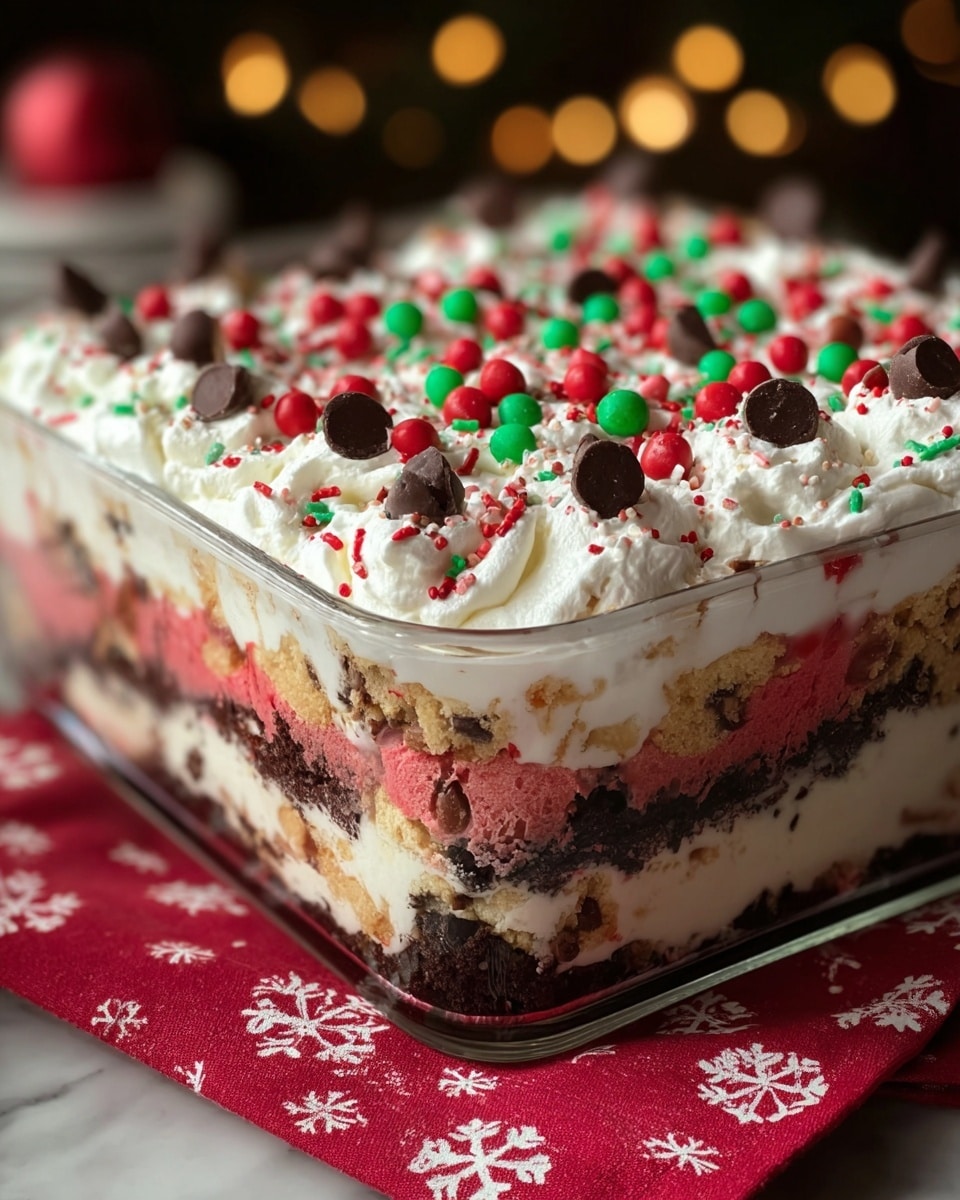A close-up of a layered dessert in a clear square glass dish with five visible layers: the bottom layer is dark and crumbly like chocolate cookie crumbs, the second layer is creamy white with mixed cookie pieces, the third layer is a bright red patchy layer, the fourth layer is thicker creamy white with more cookie bits, and the top layer is fluffy white whipped cream sprinkled with red and green round sprinkles and large dark chocolate chips. The dish sits on a red cloth with white snowflake patterns, against a blurred white marbled texture background with warm bokeh lights. photo taken with an iphone --ar 4:5 --v 7