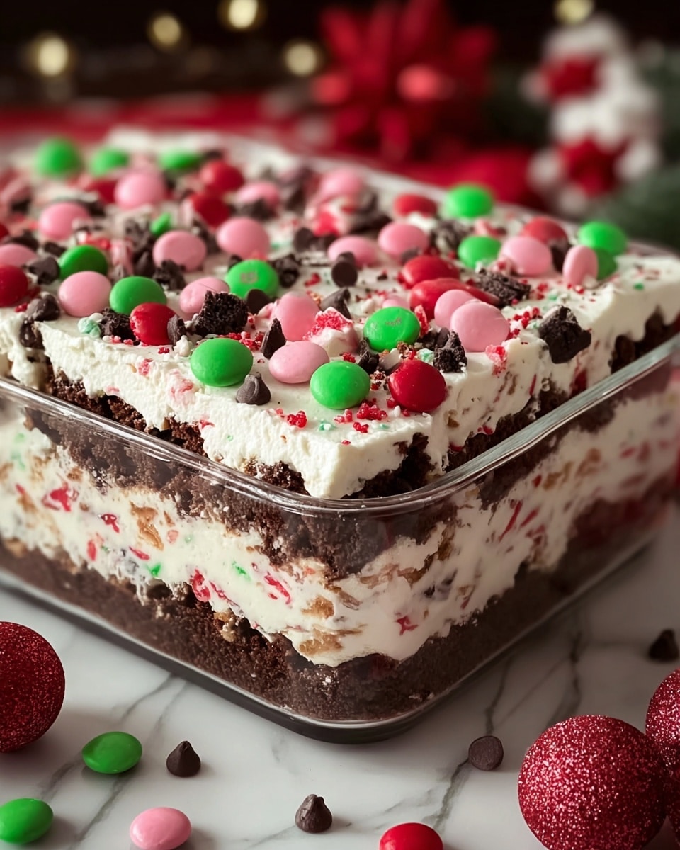A thick dessert with four layers is shown in a clear glass dish. The bottom layer is dark brown and crumbly, looking like crushed cookies or cake. Above that is a thick white cream layer with red and dark bits mixed inside, giving it a speckled look. The third layer repeats the white cream with bits, filled with dark cookie pieces and red specks. The top layer is white cream decorated with many round pink, red, and green candy pieces along with larger dark chocolate chips scattered evenly. The dish is set on a white marbled surface with festive red and white decorations nearby. photo taken with an iphone --ar 4:5 --v 7