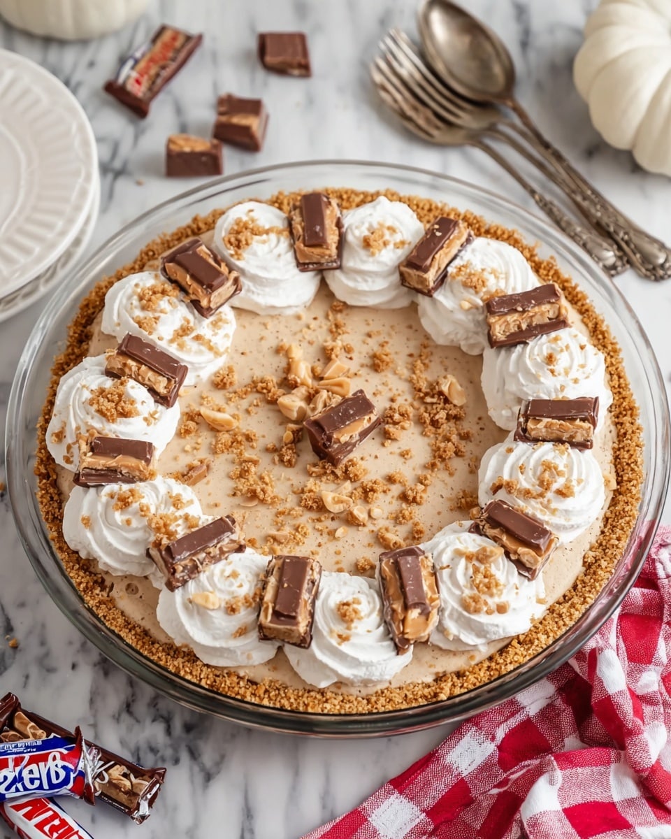 The image shows a pie with three main layers. The bottom layer is a crumbly light-brown crust forming the base and edges inside a clear glass pie dish. The middle layer is a smooth, light brown filling with small peanut pieces mixed in. The top layer has white whipped cream swirled in a ring around the pie and in the center. Each swirl on the ring is topped with a cut piece of Snickers bar showing chocolate, nougat, caramel, and peanuts, and the center swirls also have two Snickers pieces. Some chopped Snickers bits are sprinkled lightly over the filling and whipped cream. The pie sits on a white marbled surface, surrounded by some small Snickers bars, a red and blue checkered cloth, a white plate holding antique-looking forks, and a piece of a white pumpkin in the background. photo taken with an iphone --ar 4:5 --v 7