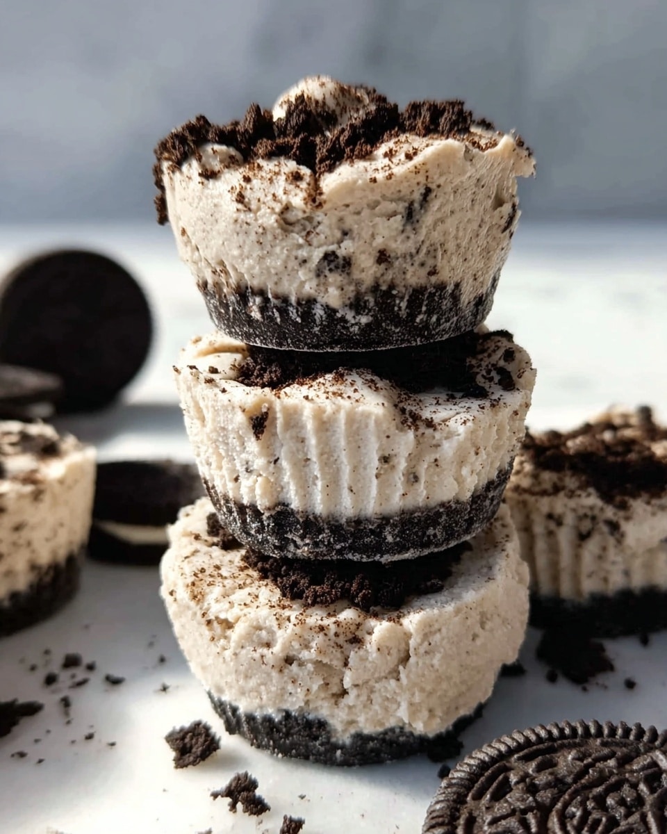 The image shows a close-up of a stack of three mini Oreo cheesecake cups on a white marbled surface, each made of three visible layers: the bottom and middle layers are solid Oreo cookies, dark black with a crunchy texture; the top and bottom layers of each cup are thick, creamy light beige cheesecake mixed with Oreo crumbs, giving a rough and soft texture; the top of each cheesecake layer is sprinkled with crushed Oreo pieces, adding a crumbly dark contrast. Some Oreo cookies lie scattered around the stack on the white marbled background. photo taken with an iphone --ar 4:5 --v 7