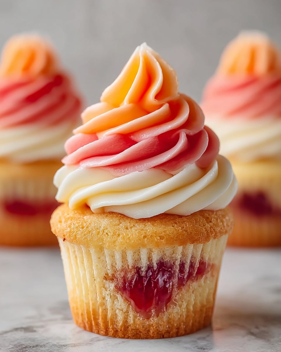 The image shows a close-up of a single cupcake in focus with two more blurred cupcakes in the background. The cupcake has a golden-brown base with a visible swirl of red jam inside near the top. On top of the cupcake, there is a tall, smooth swirl of creamy frosting with three colors blending into each other: white at the bottom, peach in the middle, and pinkish-red at the top. The background is a white marbled texture that is soft and out of focus. photo taken with an iphone --ar 4:5 --v 7