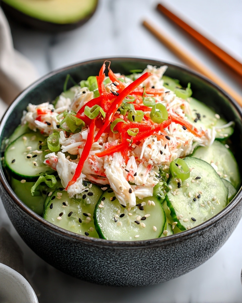 A textured dark bowl filled with a fresh salad showing three main layers: the bottom layer has crisp, thin cucumber slices with bright green skin and pale green centers; the middle layer consists of white shredded crab meat with faint red streaks mixed in; the top layer is decorated with thin red pepper strips and chopped green onions scattered throughout, all sprinkled with white and black sesame seeds for a touch of contrast. The bowl sits on a white marbled surface with a blurred background that includes wooden chopsticks placed to the side. photo taken with an iphone --ar 4:5 --v 7