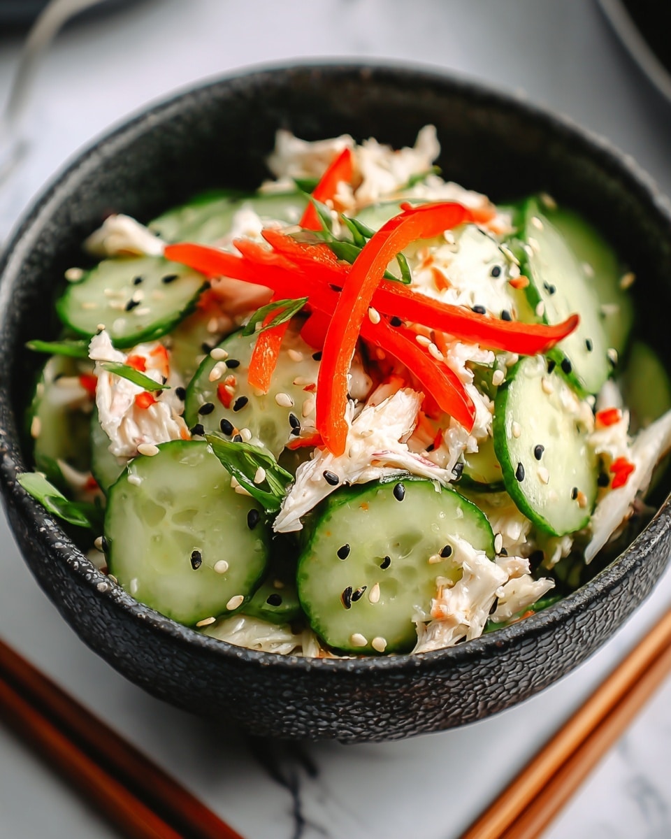 A close-up of a black textured bowl filled with a fresh salad made of bright green cucumber slices with a slightly glossy texture, layered beneath shredded white crab meat with a soft, fibrous look. On top, thin strips of red bell pepper lay across, adding a pop of color. The salad is sprinkled evenly with white and black sesame seeds and small pieces of green scallion, all set on a white marbled surface. A pair of wooden chopsticks rest next to the bowl. Photo taken with an iphone --ar 4:5 --v 7