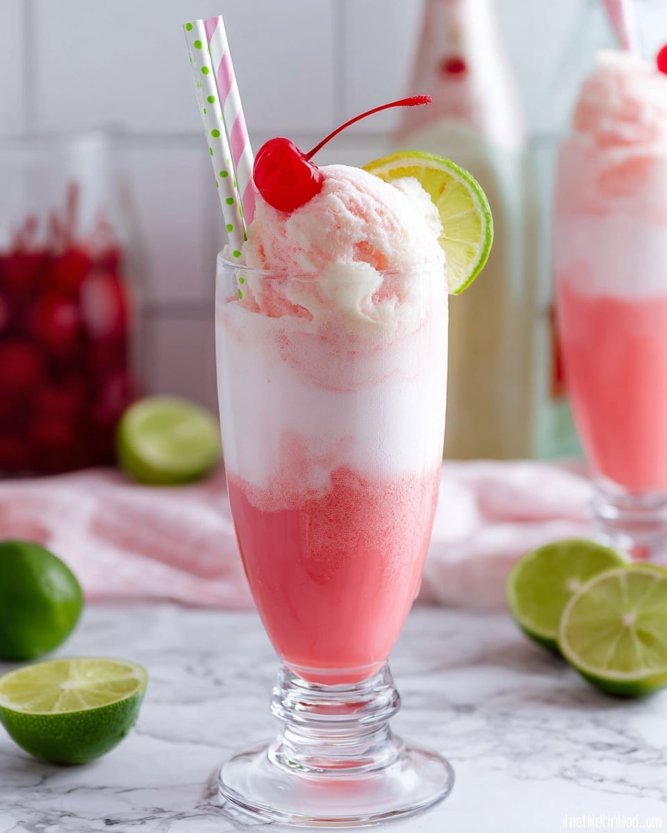 The pink float drink is served in a tall, clear glass with three visible layers: a bright pink frothy bottom layer, a middle creamy white layer, and a thicker pink foam at the top. On the foam rests a scoop of white ice cream, garnished with a bright red cherry and a green lime wedge placed at the rim of the glass. Two straws, one white with green dots and the other white with pink stripes, are placed inside the glass. The scene is set on a white marbled surface, with lime halves, a cherry, and some drink bottles blurred in the background. photo taken with an iphone --ar 4:5 --v 7