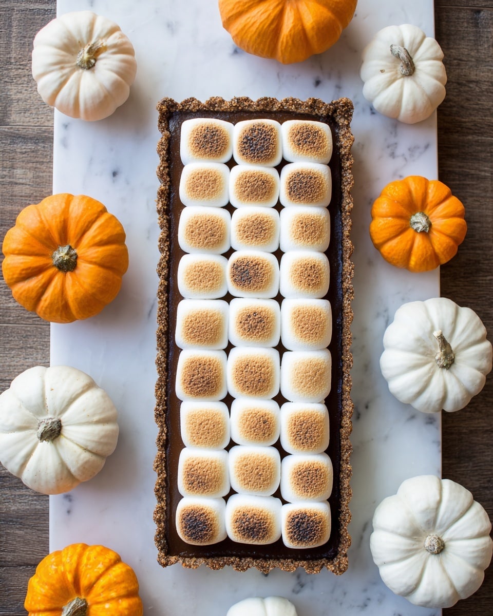 The image shows a rectangular tart on a white marbled surface, filled with a smooth, dark brown pumpkin filling. On top of the pumpkin layer, there is a neat and even layer of toasted marshmallows, arranged in five rows and six columns. The marshmallows are golden brown and slightly crispy on the top with soft, white sides. Around the tart are several small pumpkins in shades of orange and white, placed casually on the same white marbled surface, adding a seasonal touch. The background is a light white marbled texture. photo taken with an iphone --ar 4:5 --v 7