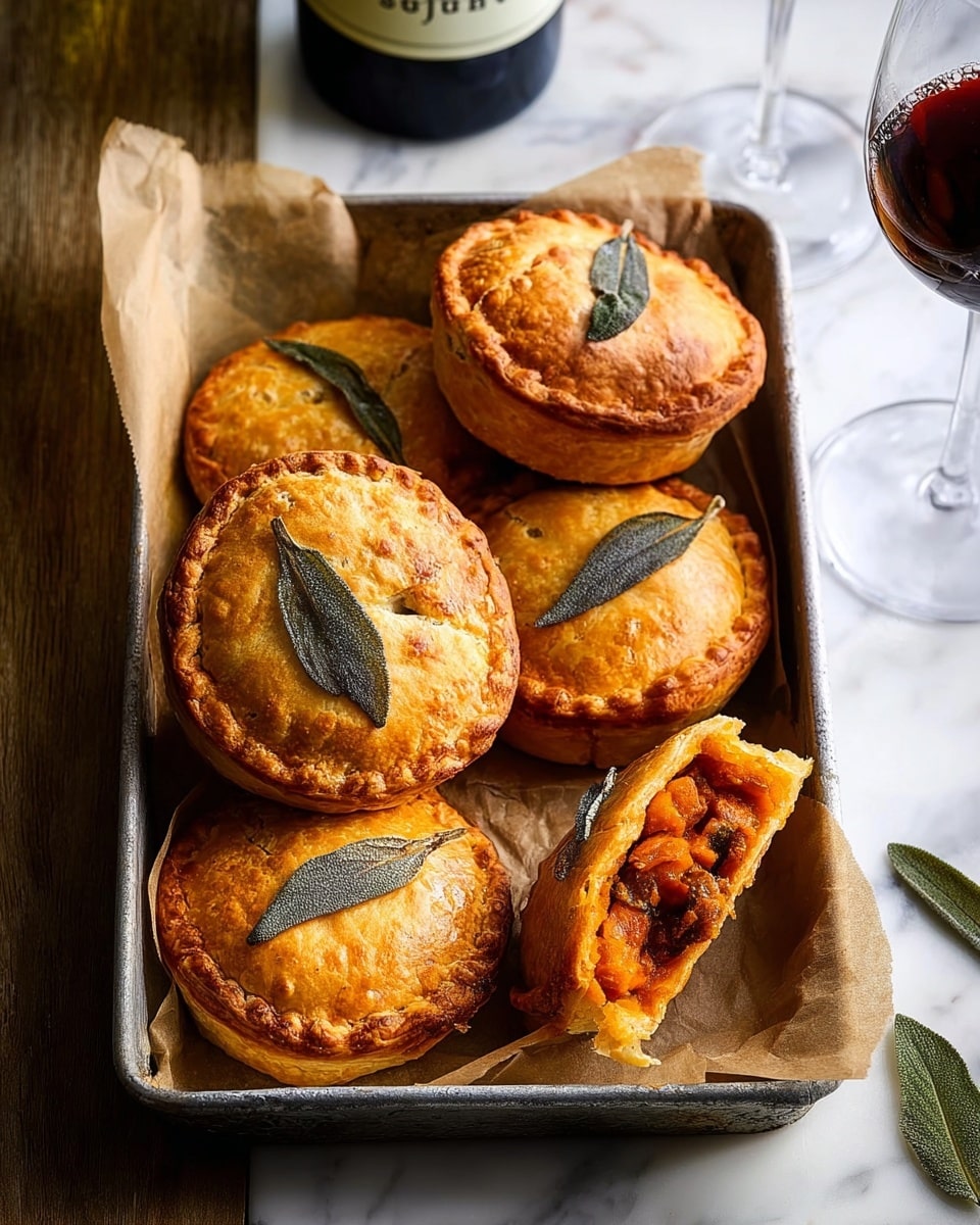 A metal box filled with seven round golden-brown pastries, each topped with a baked sage leaf and small dark spots, sits on a white marbled surface. One pastry is broken open beside the box, revealing a rich, chunky orange filling with visible bits inside. The box is lined with brown parchment paper, and a glass of red wine along with a bottle labeled 