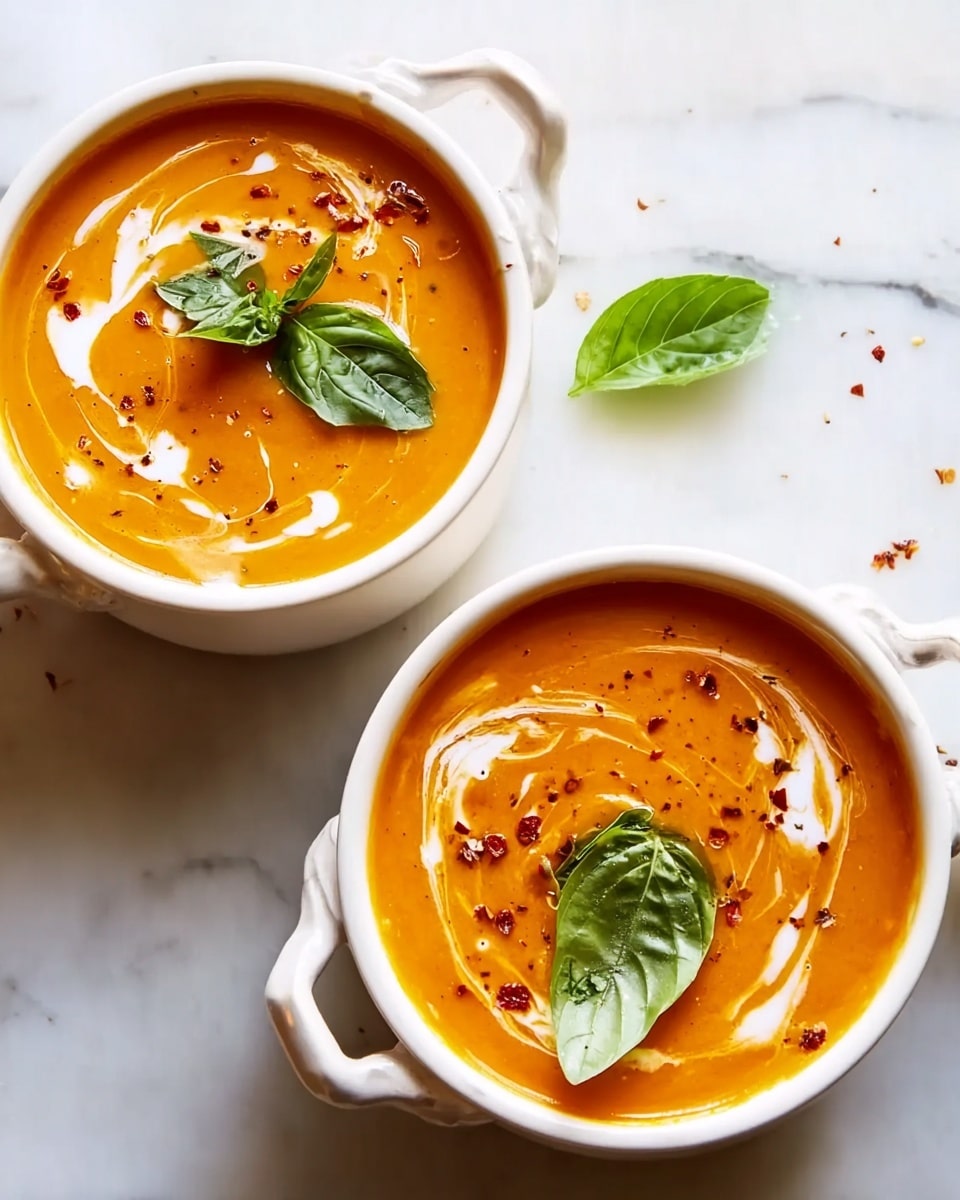 Two white bowls with handles hold a smooth, thick orange soup. The soup surface has swirls of white cream and small droplets of oil. There are green basil leaves placed on top, one large and one small in the bowl on the left, and one medium leaf in the bowl on the right. Tiny red chili flakes are scattered over the soup. The bowls sit on a white marbled surface. photo taken with an iphone --ar 4:5 --v 7