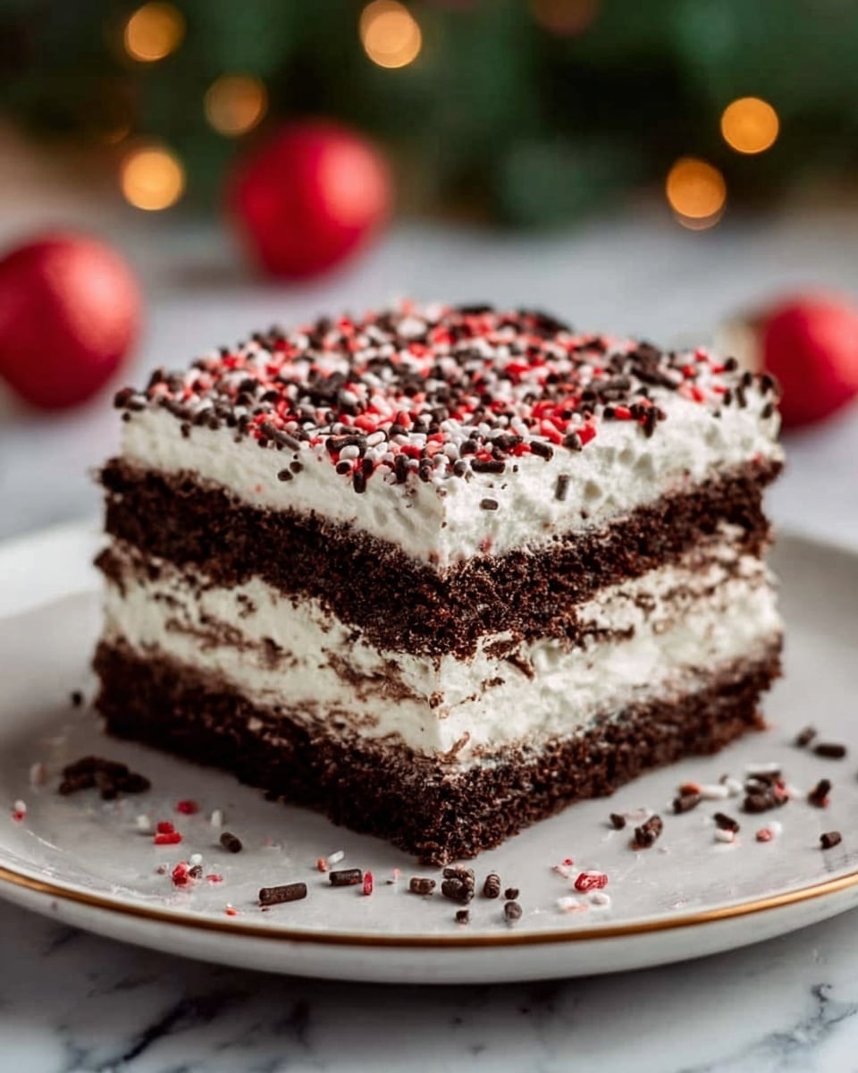 The image shows a square layered dessert on a white plate with a green rim, sitting on a white marbled surface. The dessert has four main layers: the bottom layer is dark brown chocolate cake, followed by a thick white cream layer, then another dark brown chocolate cake layer, and topped with a thick white cream layer. On top, there are several swirls of white whipped cream with red and white small peppermint candy bits sprinkled over it. Some small chocolate chips and crushed peppermint pieces are scattered on the plate around the dessert. photo taken with an iphone --ar 4:5 --v 7
