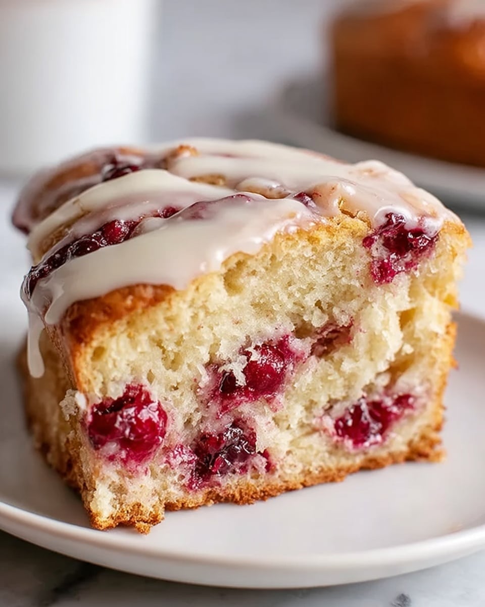 The image shows a close-up of a slice of cake on a white plate, placed on a white marbled surface. The cake has two layers, with the bottom layer being light and fluffy with a soft texture and visible air holes. The top layer features a drizzle of smooth, white icing that covers the surface unevenly, allowing some golden brown spots of the baked cake to show through. Inside the cake, bright dark red berry pieces are scattered, adding vibrant color and moist texture. Photo taken with an iphone --ar 4:5 --v 7