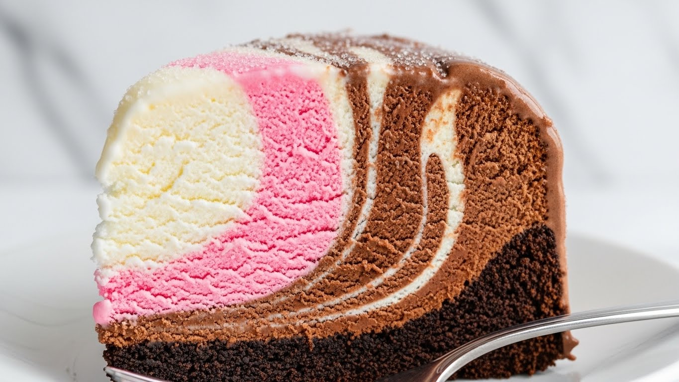 A close-up of a thick slice of marble ice cream cake with swirled layers of chocolate brown, creamy white, and soft pink colors mixed together to create a marbled effect across the whole slice. The texture looks smooth and creamy with visible air bubbles. The slice rests on a simple white plate with a silver spoon next to it, all set on a white marbled texture surface. Photo taken with an iphone --ar 4:5 --v 7