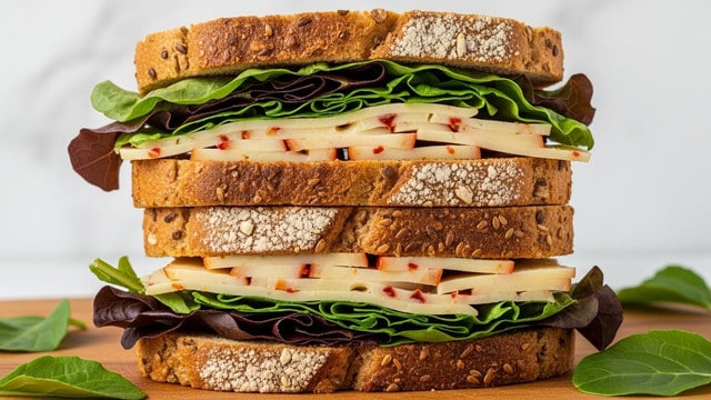 A tall sandwich sliced in half and stacked, showing three layers of whole wheat bread with a rough texture. Between the bottom two slices, there is a layer of fresh dark green leafy lettuce, followed by a layer of sliced light yellow cheese mixed with thin, pale beige slices of a vegetable or fruit with small red bits. The middle bread slice separates this from the top sandwich section, which repeats the layers: fresh dark green lettuce and the same sliced pale yellow cheese with vegetable or fruit pieces. The sandwich is on a wooden cutting board with scattered green leaves nearby, all set against a white marbled background. photo taken with an iphone --ar 4:5 --v 7