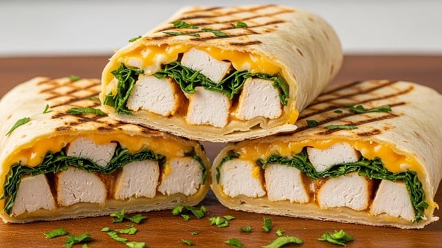 Three stacked grilled chicken wraps are shown on a wooden board with chopped green herbs scattered around. Each wrap has a golden-brown grilled tortilla outer layer. Inside, the fillings show chunks of cooked white chicken with a creamy, melted cheese layer that has an orange tint. Fresh green herbs are mixed throughout the cheese and chicken, adding color and texture. The wraps are cut to show the layers of tortilla, cheese, chicken, and herbs clearly on the sides. photo taken with an iphone --ar 4:5 --v 7