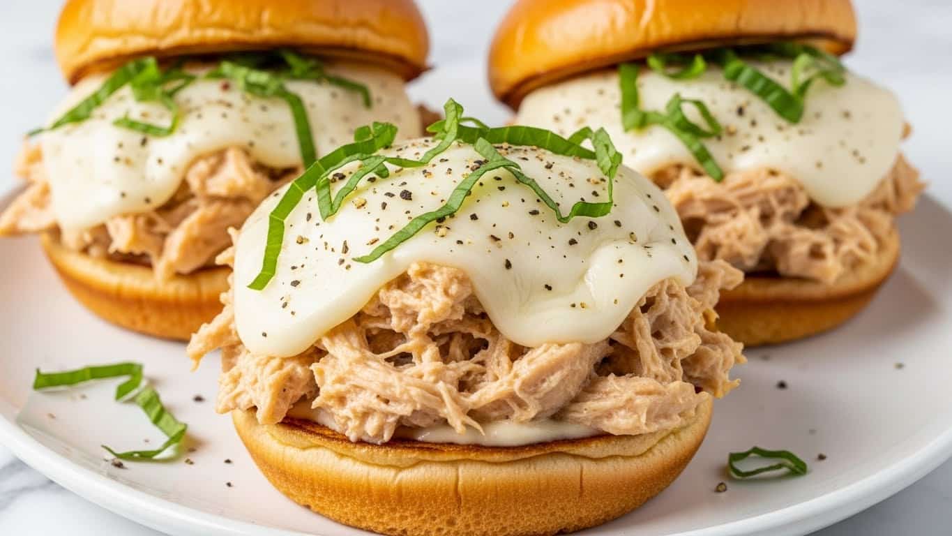 The image shows a close-up of three sandwiches on a white plate. Each sandwich has one soft, slightly shiny, light brown bun base. On top of each bun is a thick layer of shredded chicken mixed with a light sauce, giving it a moist and textured look. Melted white cheese is draped over the chicken, slightly gooey and smooth with small black pepper specks on top. Fresh green herb leaves are scattered over the cheese, adding color contrast. The background and surface have a white marbled texture, giving a clean and bright setting. Photo taken with an iphone --ar 4:5 --v 7
