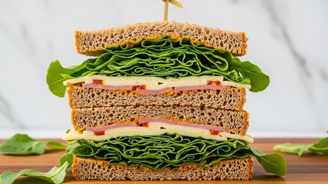 The image shows a tall sandwich cut in half and stacked, held together by a wooden skewer in the center. The sandwich has three thick slices of brown bread with a rough texture and visible grains. Between the slices are two layers of bright green leafy lettuce, full and slightly curly, standing out with fresh crunchiness. Beneath each lettuce layer, there are slices of light yellow cheese with some red bits visible, adding a hint of color and texture contrast. The sandwich is placed on a wooden cutting board, and a few small lettuce leaves are scattered around it. In the background, there is a smooth white marbled surface. photo taken with an iphone --ar 4:5 --v 7