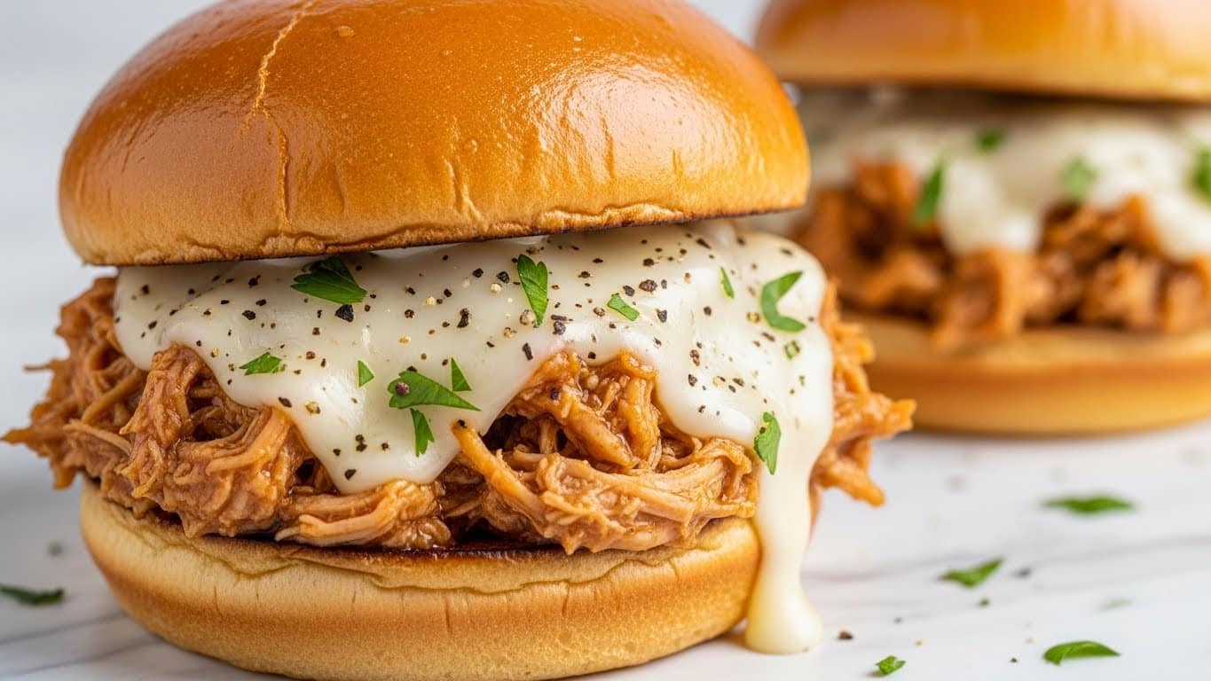 A close-up image of a pulled chicken sandwich on a soft, shiny, golden-brown bun layer at the bottom; on top is a thick layer of shredded light brown chicken coated in sauce, covered with a glossy melted layer of white cheese that drips slightly down the sides, sprinkled with black pepper and finely chopped fresh green herbs; in the blurred background, two similar sandwiches are visible on a white marbled texture. photo taken with an iphone --ar 4:5 --v 7