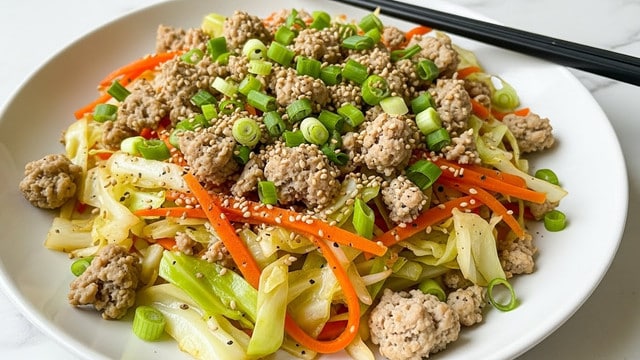 The dish is served on a round white plate filled with a stir-fry mix. The base layer consists of light-colored chopped cabbage pieces, slightly cooked but still crisp. Mixed within the cabbage are thin orange carrot strips spread evenly throughout. Small crumbled pieces of cooked ground meat, beige to light brown in color, lie scattered over the vegetables. Fresh green chopped scallions are sprinkled on top, along with white sesame seeds adding texture. The entire dish is lightly seasoned with visible black pepper specks. The plate is placed on a white marbled surface with black chopsticks resting on the side. Photo taken with an iphone --ar 4:5 --v 7