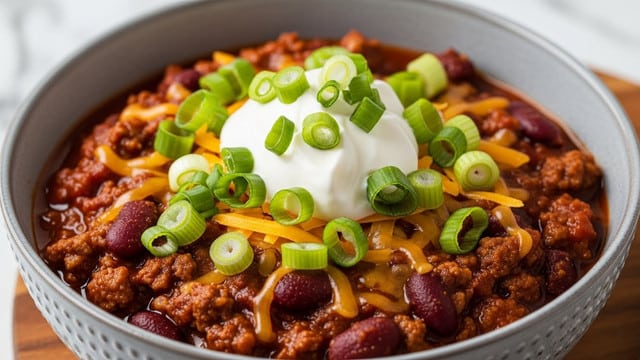 A bowl filled with a thick chili showing multiple layers: the bottom layer is dark red sauce with chunks of ground meat and kidney beans visible, topped with a layer of shredded yellow cheddar cheese melting slightly into the chili. On top of this is a dollop of white sour cream in the center, sprinkled with bright green chopped scallions spread evenly over the cheese and sour cream. The bowl itself is gray with a textured surface, and it sits on a wooden surface with a white marbled texture visible in the background. photo taken with an iphone --ar 4:5 --v 7