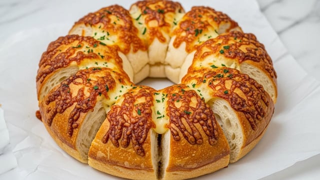A round bread ring with a golden brown, crispy top covered in melted cheese that is bubbly and slightly browned, creating a textured surface. The bread has deep cuts forming sections around the ring, showing soft, white bread layers inside. Small green herb bits are sprinkled evenly across the cheese. The bread is placed on white parchment paper over a white marbled surface. photo taken with an iphone --ar 4:5 --v 7
