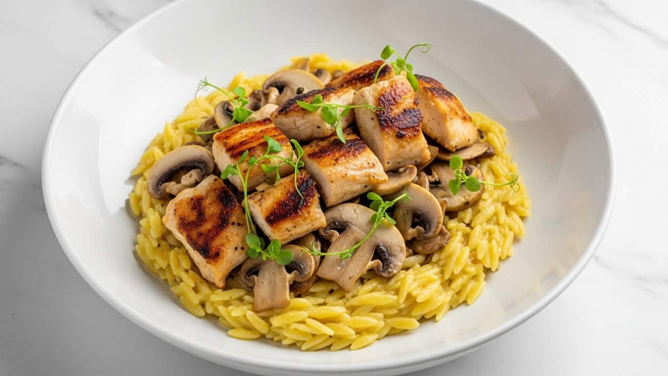 A deep white bowl holds a dish with three main layers: the bottom layer is cooked orzo pasta in a pale yellow shade with a smooth, slightly shiny texture, spread evenly across the bowl. Scattered on and mixed with the orzo are sliced mushrooms, light brown with a soft, slightly moist appearance. On top are chunks of grilled chicken, golden brown with char marks, providing a warm, textured contrast. Small sprigs of green herbs garnish the dish, adding a fresh touch. The whole setup is placed on a white marbled surface. photo taken with an iphone --ar 4:5 --v 7