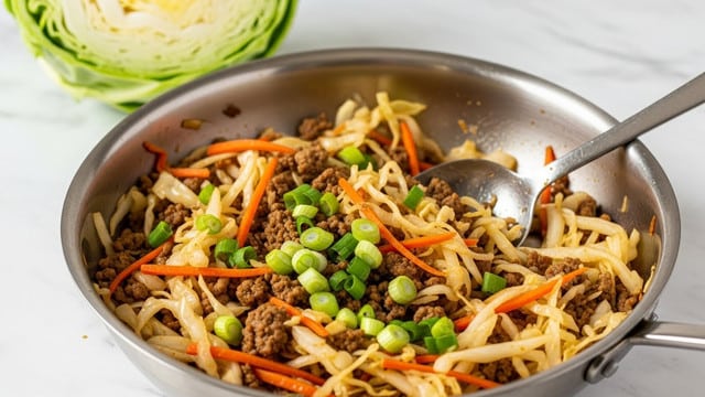 A stainless steel pan filled with a mix of cooked shredded cabbage, small ground meat pieces, thin orange carrot sticks, and green chopped spring onions, all stirred with a large metal spoon. The dish shows layers of light beige cabbage, brown meat, bright orange carrots, and scattered green onions on top, giving a colorful earthy texture. In the background, half a green cabbage is slightly out of focus, with the whole scene placed on a white marbled surface. Photo taken with an iphone --ar 4:5 --v 7
