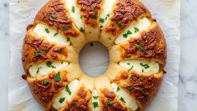 A round, ring-shaped bread with a golden-brown, crispy crust covered in melted cheese that has bubbly, browned spots across the top layer, giving it a rich texture. The cheese is thick, creamy white and gooey, oozing slightly between the crust’s sections that make the ring look divided into eight parts. Fresh chopped green herbs are sprinkled evenly on top, adding a pop of green color and a fresh look. The bread sits directly on a piece of parchment paper over a white marbled texture. Photo taken with an iphone --ar 4:5 --v 7