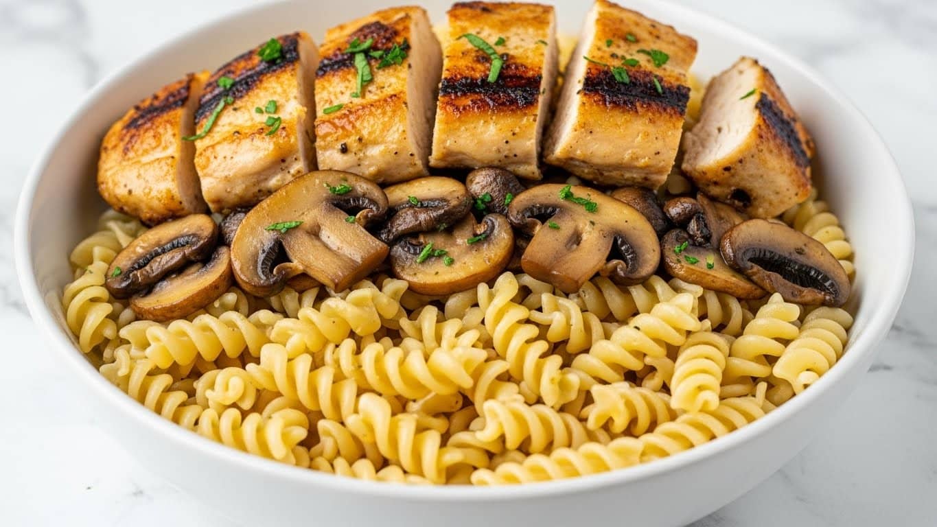 The dish shows a close-up of a white bowl filled with three layers: the bottom layer is a bed of small, light beige pasta spirals; the middle layer has sautéed sliced mushrooms in a glistening brown sauce; the top layer features pieces of browned, grilled chicken with a golden, slightly charred surface. There are small bits of green herbs sprinkled on top for color. The bowl sits on a white marbled texture surface. Photo taken with an iphone --ar 4:5 --v 7