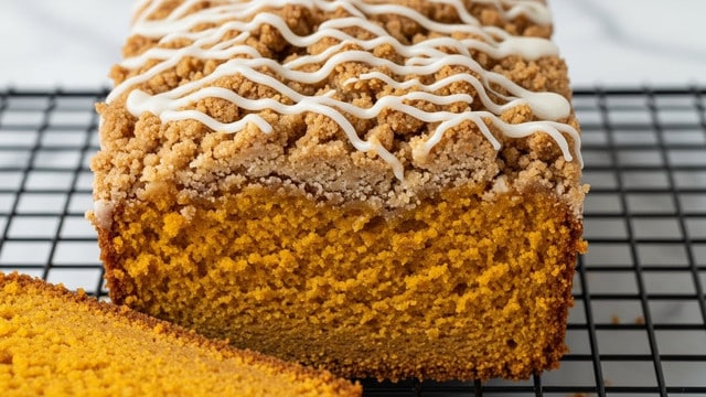 The image shows a close-up of a sliced loaf cake with two main layers. The bottom layer is thick and dense with a bright orange color and moist texture, suggesting pumpkin or carrot flavor. The top layer is a crumbly, light brown streusel topping with a rough texture. White drizzle of icing runs unevenly across the crumbly top. The loaf is resting on a black cooling rack placed over a white marbled textured surface. Photo taken with an iphone --ar 4:5 --v 7
