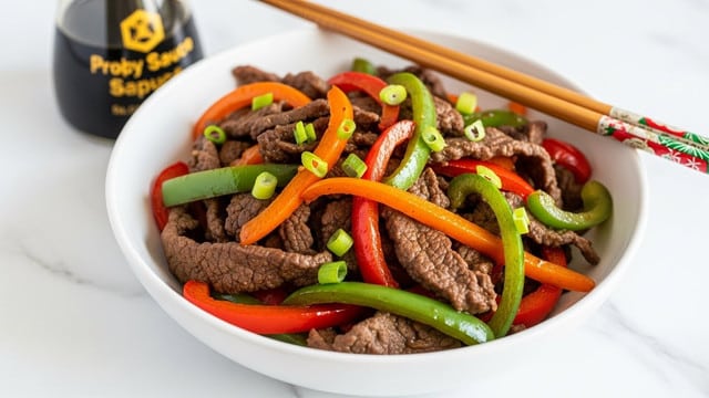 A white bowl filled with stir-fried beef and colorful bell peppers sits on a white marbled surface. The dish has multiple layers, starting with thin strips of brown beef tossed with shiny, bright red, green, and orange bell peppers. Small green onion slices are sprinkled on top, adding a fresh touch. Soy sauce bottle and a pair of chopsticks rest on the edge of the bowl. The textures of the beef appear tender and glossy, while the peppers look crisp and juicy. Photo taken with an iphone --ar 4:5 --v 7