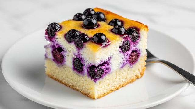 A single square piece of creamy baked dessert with three visible layers sits on a white plate with a silver fork beside it. The bottom layer is a soft, white, slightly porous base. The middle layer contains a mix of white creamy texture and embedded dark purple blueberries. The top layer is golden brown with a slightly crispy edge and glistening fresh blueberries on top, coated with a shiny glaze. The plate is placed on a white marbled surface. Photo taken with an iphone --ar 4:5 --v 7