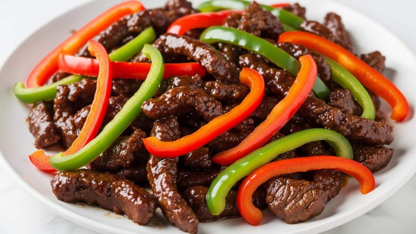 A close-up of a dish in a white plate filled with several layers of glossy, dark brown cooked beef slices coated in a thick shiny sauce, mixed with bright red and green bell pepper strips cut into long thin pieces that add contrast and color, all placed on a white marbled surface. The beef pieces have a tender texture with some slight edges curling, while the peppers look crisp and fresh, evenly spread throughout the dish. Photo taken with an iphone --ar 4:5 --v 7
