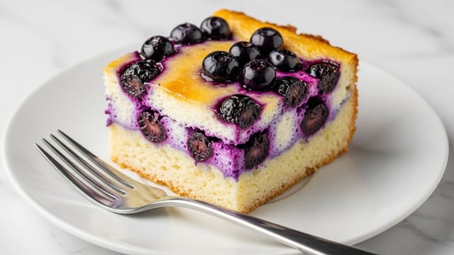 A square slice of creamy cheesecake sits on a white plate with a white marbled texture, layered with a thick, soft white base and a glossy dark purple blueberry topping. The top layer is covered with whole fresh blueberries and thin light brown almond slices scattered across the surface. Around the cheesecake slice, there are a few loose blueberries resting on a shiny amber caramel syrup pooling on the plate. The edges of the cheesecake are golden brown, showing a slight crisp texture. Photo taken with an iphone --ar 4:5 --v 7