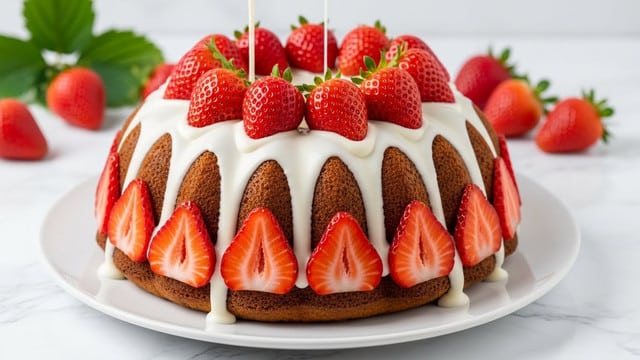 A round bundt cake with a golden brown base is shown on a white plate with a shiny surface. The cake is covered with fresh, bright red strawberries that are sliced and arranged vertically around the sides, with whole strawberries on top. Thick white cream or glaze drips down from the top, flowing over the strawberries and edges, creating a smooth, glossy texture. The background has a soft focus with green leaves and more strawberries faintly visible, all set on a white marbled texture. photo taken with an iphone --ar 4:5 --v 7