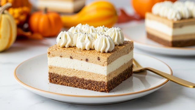 A square slice of layered dessert sits on a white plate with a light tan rim, placed on a white marbled surface. The dessert has three distinct layers: a crumbly brown crust at the bottom, a thick creamy white middle layer, and a smooth light brown top layer dusted with tiny flecks. On top, there is a swirl of white whipped cream sprinkled lightly with dark specks. A gold fork rests on the right side of the plate, and in the blurred background, there is another similar dessert slice on a white plate, along with autumn decorations like small gourds and pumpkins. photo taken with an iphone --ar 4:5 --v 7