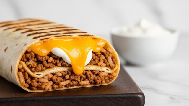 A close-up view of a folded burrito resting on a dark wooden surface with melted cheddar cheese dripping from the top, revealing inside layers of seasoned ground beef mixed with rice and a dollop of white sour cream; the outer tortilla is lightly toasted with golden brown grill marks, while a small white bowl containing more sour cream is blurred in the background, all set against a white marbled texture. photo taken with an iphone --ar 4:5 --v 7