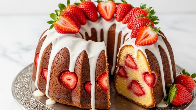 A round bundt cake with a golden brown outer layer and a soft yellow inside visible through vertical slices filled with fresh red strawberry pieces. Thick white glaze smoothly covers the top and drips down the sides in uneven, glossy streams, partially covering the strawberries inside the cake. More whole and halved strawberries decorate the top and base of the cake, adding vibrant red color with green leaves. The cake sits on an ornate silver stand against a white marbled textured surface. photo taken with an iphone --ar 4:5 --v 7