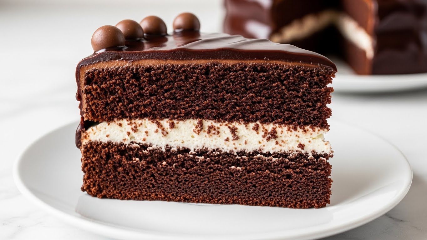 A close-up of a two-layer chocolate cake slice on a white plate, placed on a white marbled surface. The bottom and top layers are dark brown, moist chocolate cake. Between the cake layers is a thick white creamy frosting. The top layer is covered with glossy dark chocolate glaze, decorated with round chocolate pieces. The blurred background shows more of the cake. Photo taken with an iphone --ar 4:5 --v 7