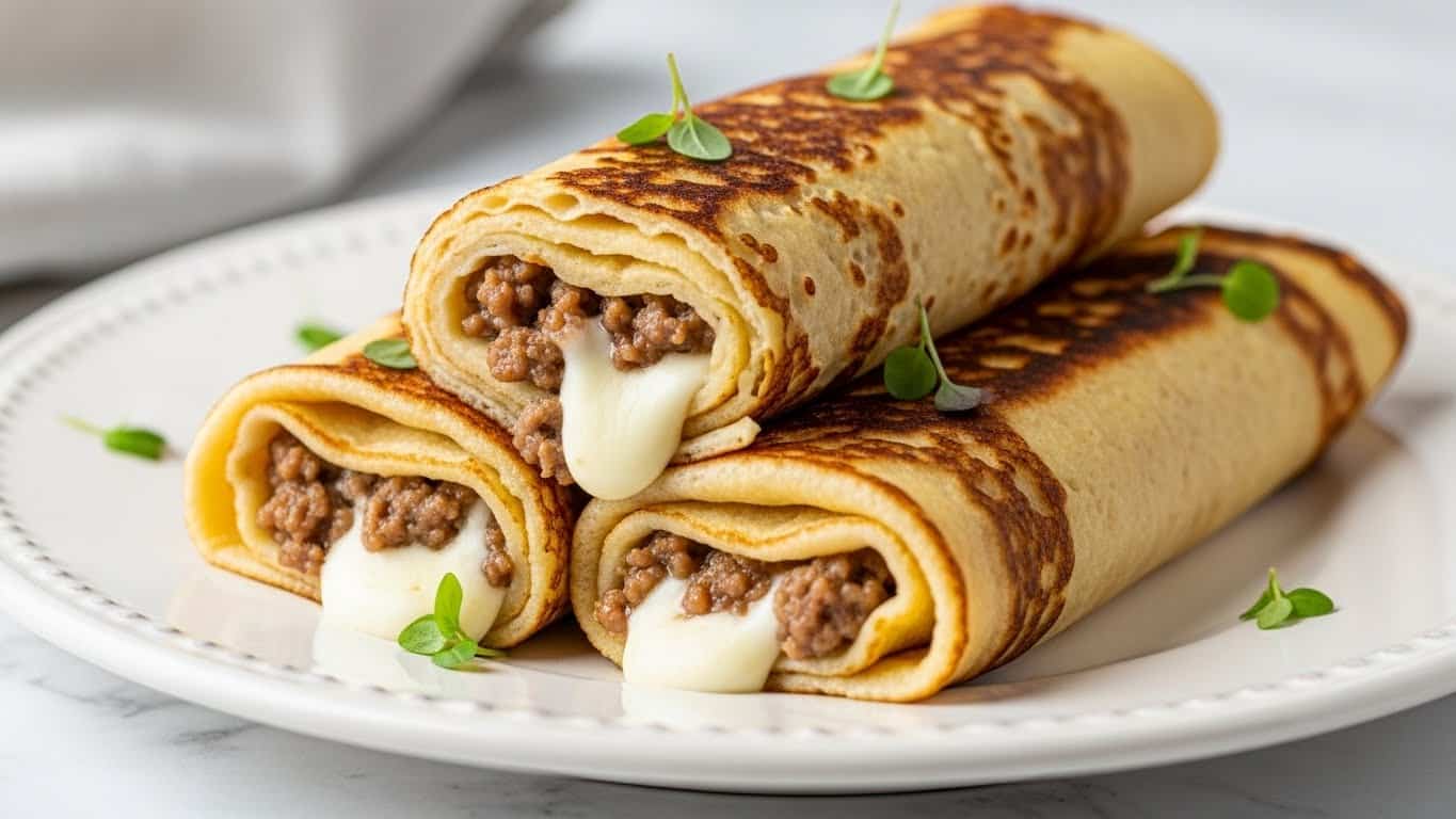 The image shows three rolled crepes stacked on a white plate with a slightly raised edge. Each crepe is golden brown with darker browned spots on the surface, giving a crispy texture. Inside, the crepes are filled with a mixture of cooked ground meat and melted white cheese, which is soft and creamy. Small green herb leaves are scattered over the crepes and plate, adding a fresh touch. The plate sits on a white marbled surface with a blurred light cloth in the background. photo taken with an iphone --ar 4:5 --v 7