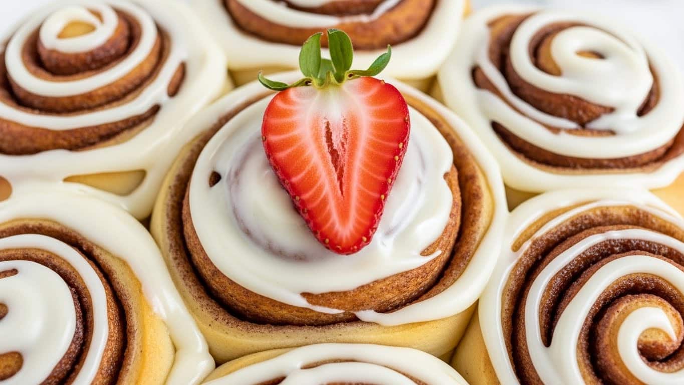A close-up of a cinnamon roll with creamy white icing spread thickly on the top, forming a smooth layer that melts into the swirls of the golden-brown dough. In the center, a fresh, bright red strawberry slice sits, adding a pop of color and texture contrast. The roll shows soft, fluffy, and slightly glossy layers of pastry spiraled tightly together. The background is a white marbled texture, creating a clean and bright setting. photo taken with an iphone --ar 4:5 --v 7