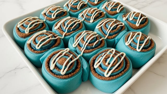 A white square dish holds twelve vibrant blue cinnamon rolls, each arranged closely together, showing three visible layers: the bright blue dough forming the base and outer swirl, a dark brown cinnamon sugar layer creating a spiral in the middle, and a thin white cream drizzle on top that contrasts with both colors. The blue dough looks soft and smooth, while the cinnamon layer has a slightly rough, crumbly texture. The dish rests on a white marbled surface, enhancing the contrast and making the colors of the rolls stand out clearly. photo taken with an iphone --ar 4:5 --v 7