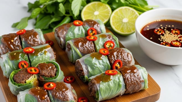 A dark gray rectangular plate holds five fresh spring rolls wrapped in thin, translucent rice paper, each roll showing dark brown cooked beef slices mixed with fresh green leafy vegetables inside. The rolls are topped with small bright green mint leaves and thin red chili slices, and are coated lightly with a shiny, dark soy-based sauce that pools on the plate beneath them. In the background, there is a white bowl filled with a dark brown dipping sauce that includes small bits of chili and herbs. The entire setting rests on a white marbled surface. photo taken with an iphone --ar 4:5 --v 7