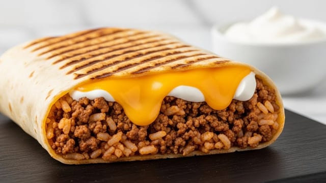 The image shows two halves of a burrito stacked on a white plate placed on a white marbled surface. The burrito has one visible layer of white rice at the bottom with a soft texture, followed by a thick layer of browned ground meat in the middle that looks juicy and crumbly, and on top, a layer of melted yellow cheese that is gooey and oozing out slightly. The burrito wrap is light golden brown with a slight crisp texture. Photo taken with an iphone --ar 4:5 --v 7