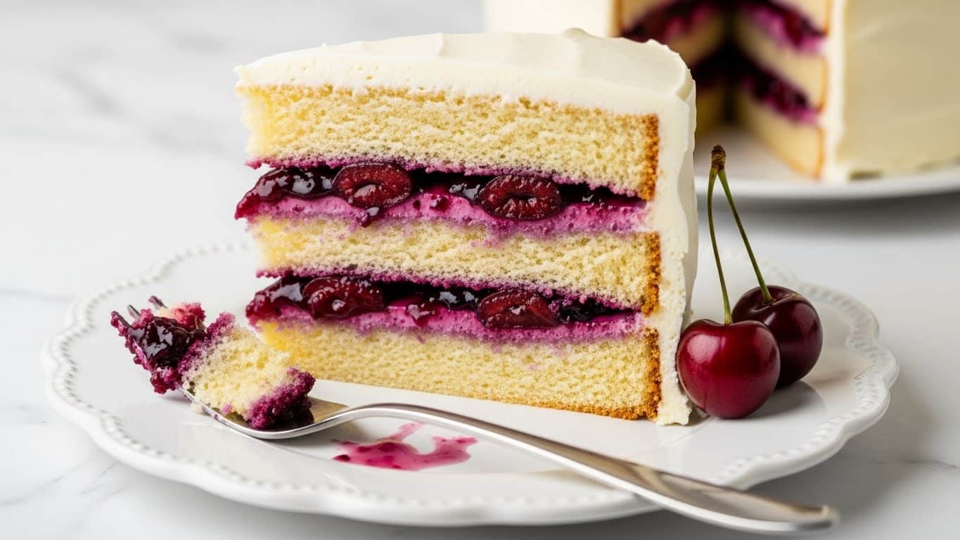 A slice of three-layer vanilla sponge cake with a light beige color sits on a white scalloped plate, showing two thick layers of dark purple cherry filling with a slightly glossy, juicy texture between the cake layers. The cake is topped with a smooth, creamy white frosting, and two dark red cherries with stems are placed on one side. A silver fork with crumbs and purple smears rests on the plate. The setting includes a white marbled background. photo taken with an iphone --ar 4:5 --v 7
